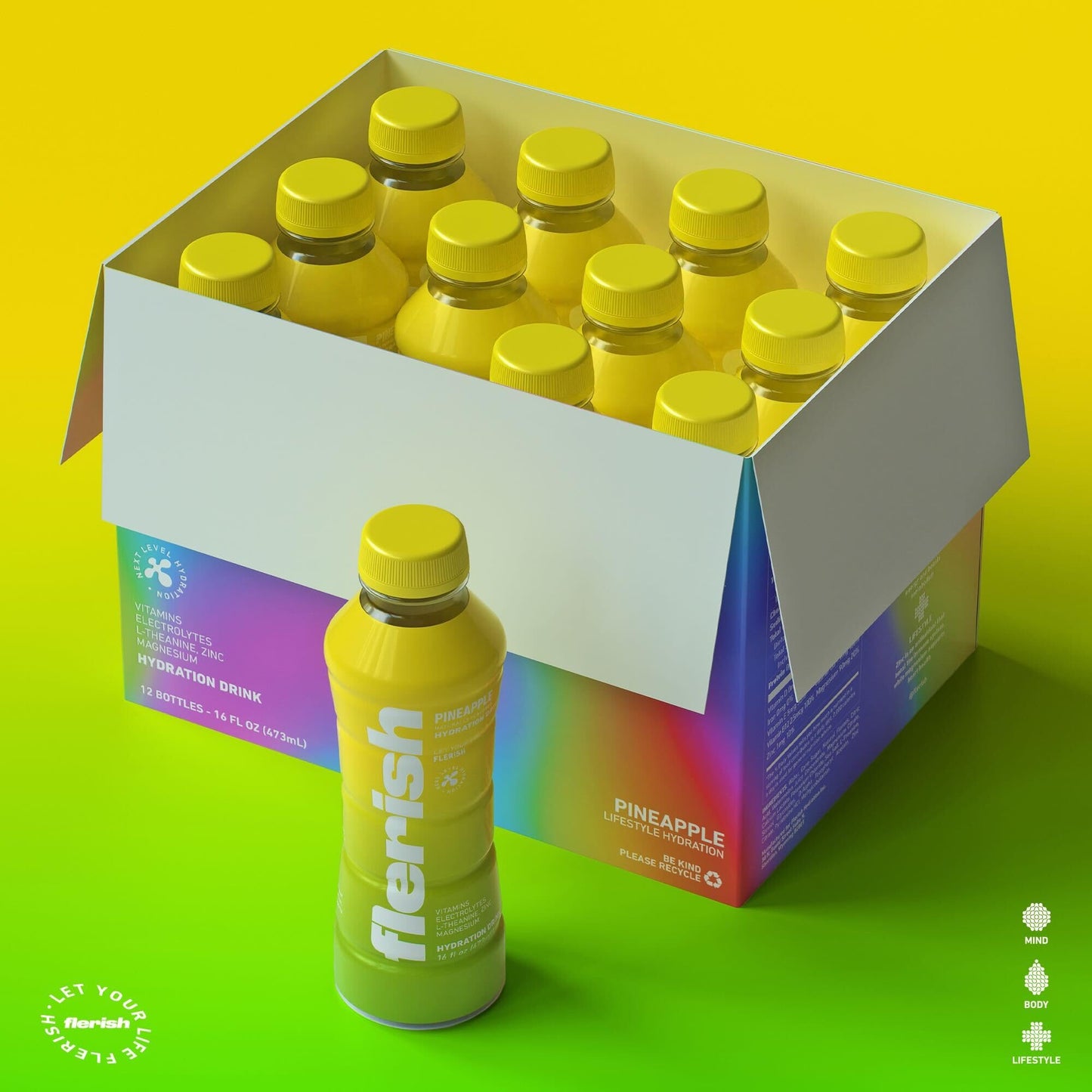 FLERISH Enhanced Hydration Drink | Watermelon & Pineapple | Electrolytes, Magnesium & L-Theanine | 12-Pack, 16 fl oz