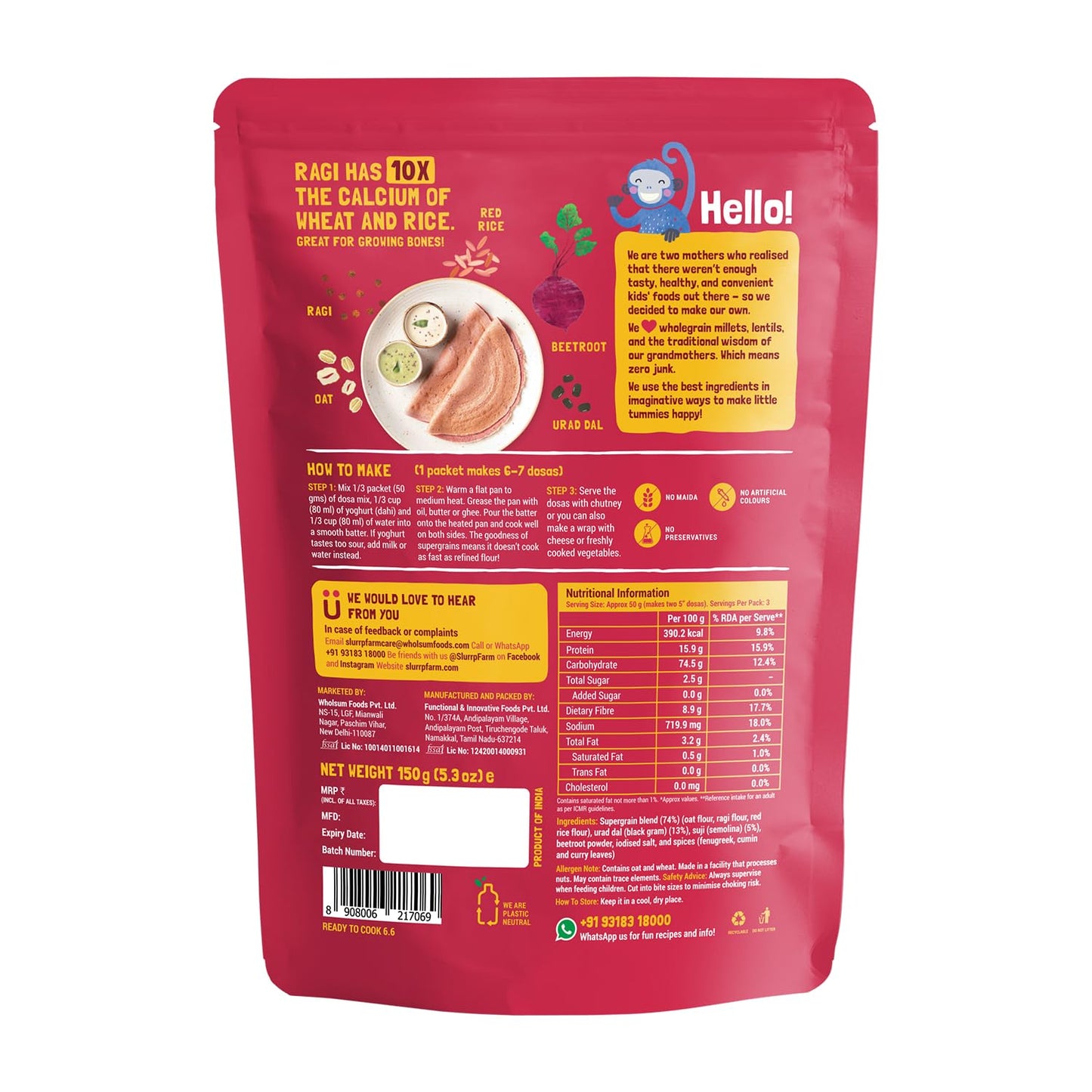 Slurrp Farm Millet Dosa Instant Mix, Supergrains Spinach And Beetroot, Natural And Healthy Food, 150G (Pack Of 2)