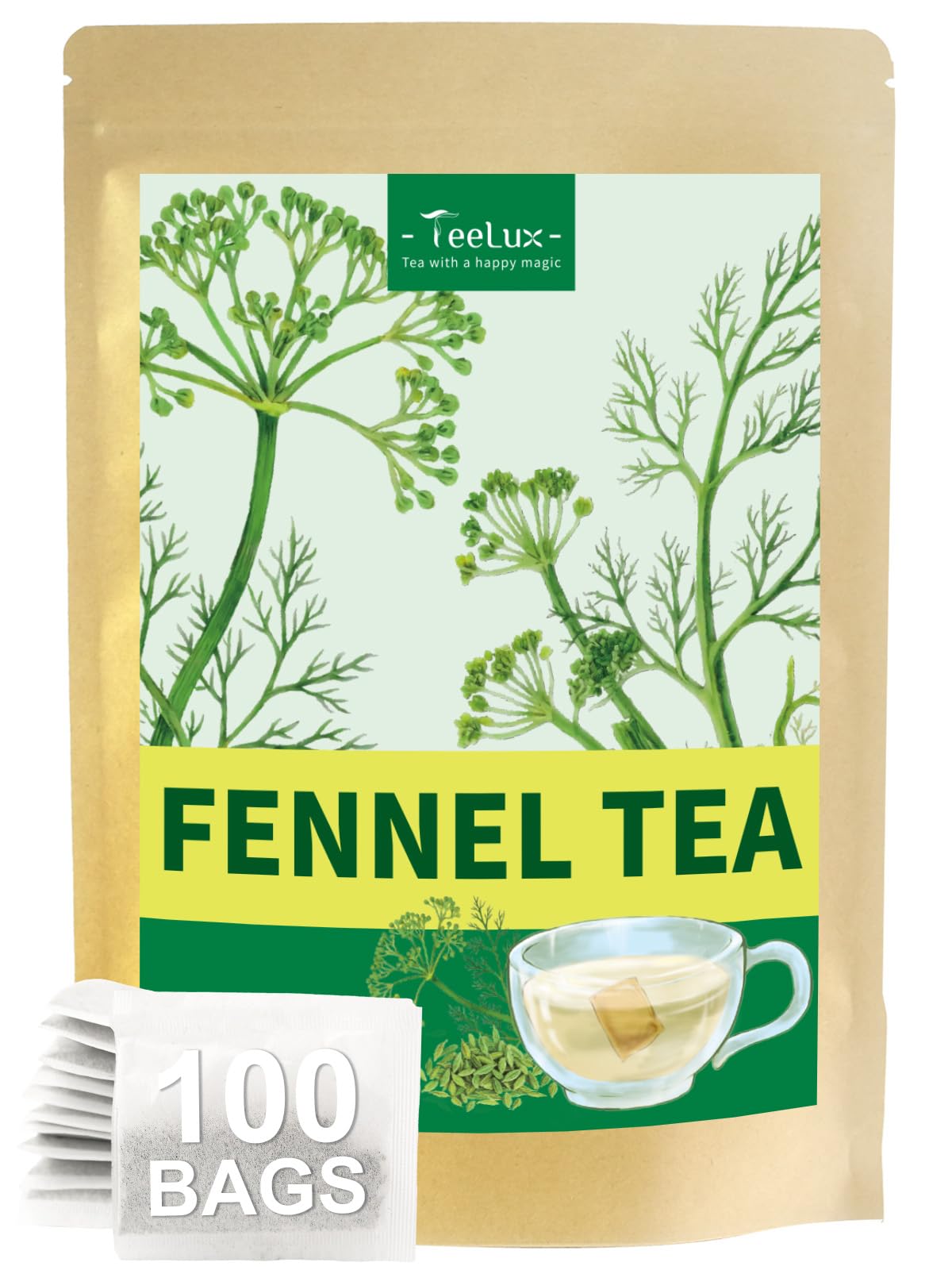 Teelux Fennel Tea Bags  Pure & Natural Fennel Seeds Herbal Tea  Smooth & Light Spicy Flavor  Energy Blend Free  100 Count