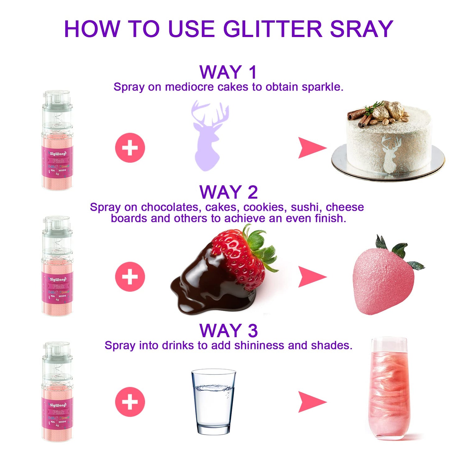 Edible Glitter Spray Set - 100% Edible Glitter for Cakes, Cupcakes, Cake Pops, Drinks, Chocolate, Strawberries, Cookies, Food Gr