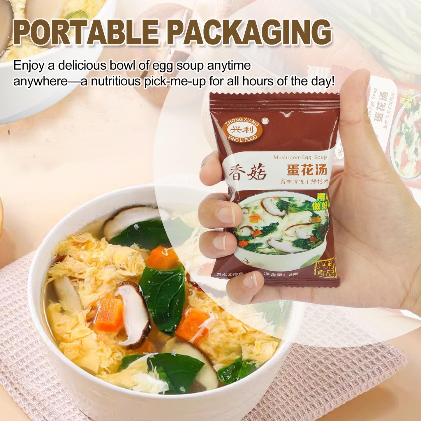 Egg Flower Soup Mix, Vegetable Mix Soup with 4 Flavors (Laver, Spinach, Mushroom, Tomato), 0.3 Ounce (20 Pack)