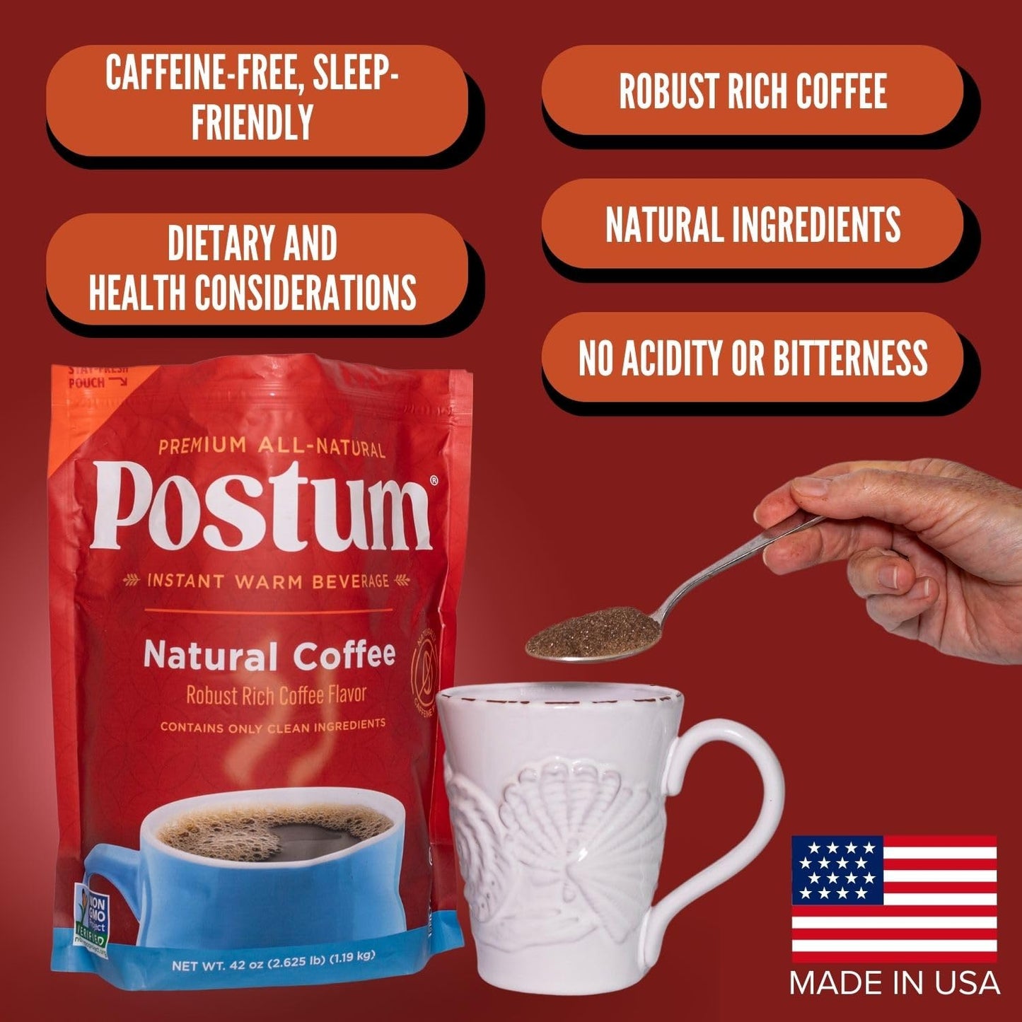 Postum Coffee Substitute - Wheat Bran & Molasses Blend, Caffeine Free, 42oz