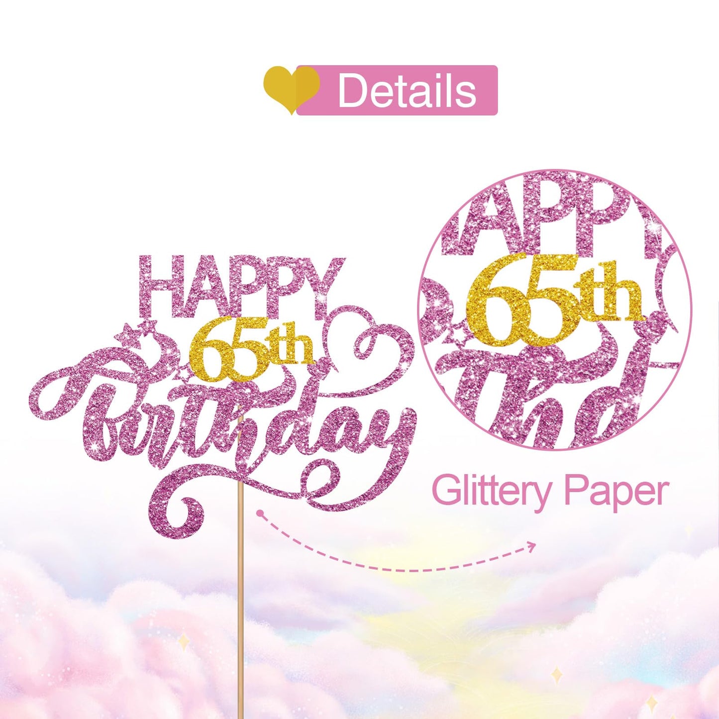 Pink Glitter Happy 65Th Birthday Cake Topper, Sixty Five Years Old Birthday Party Cake Decor, Gold Number 65 Birthday Party Supp