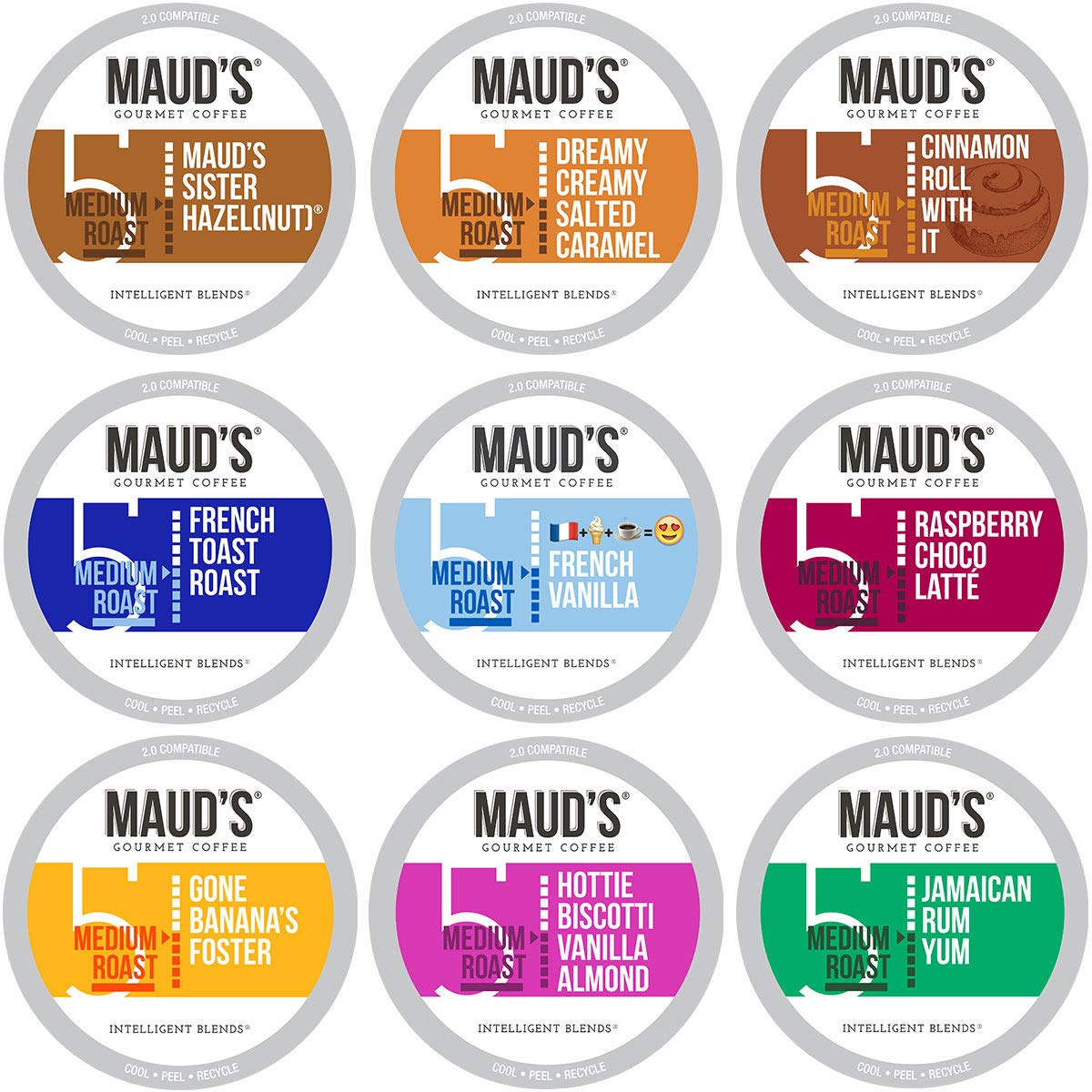 Maud s Flavored Coffee Pods Variety Pack, 40 ct, 9 Assorted Flavors, Medium Roast Flavored Coffee in Recyclable Single Serve Po