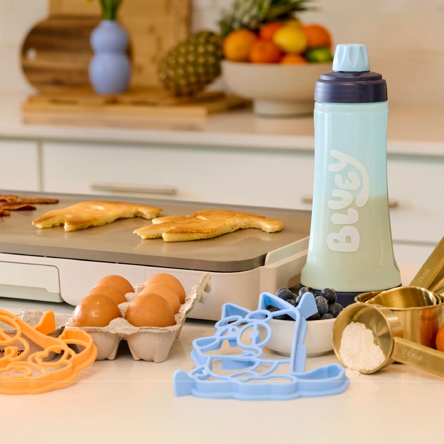 Whiskware Pancake Art Kit, 4.5 Cups, Plastic, Includes 1 Batter Bottle, 2 Silicone Molds, BlenderBall Whisk, Bluey and  card-style!