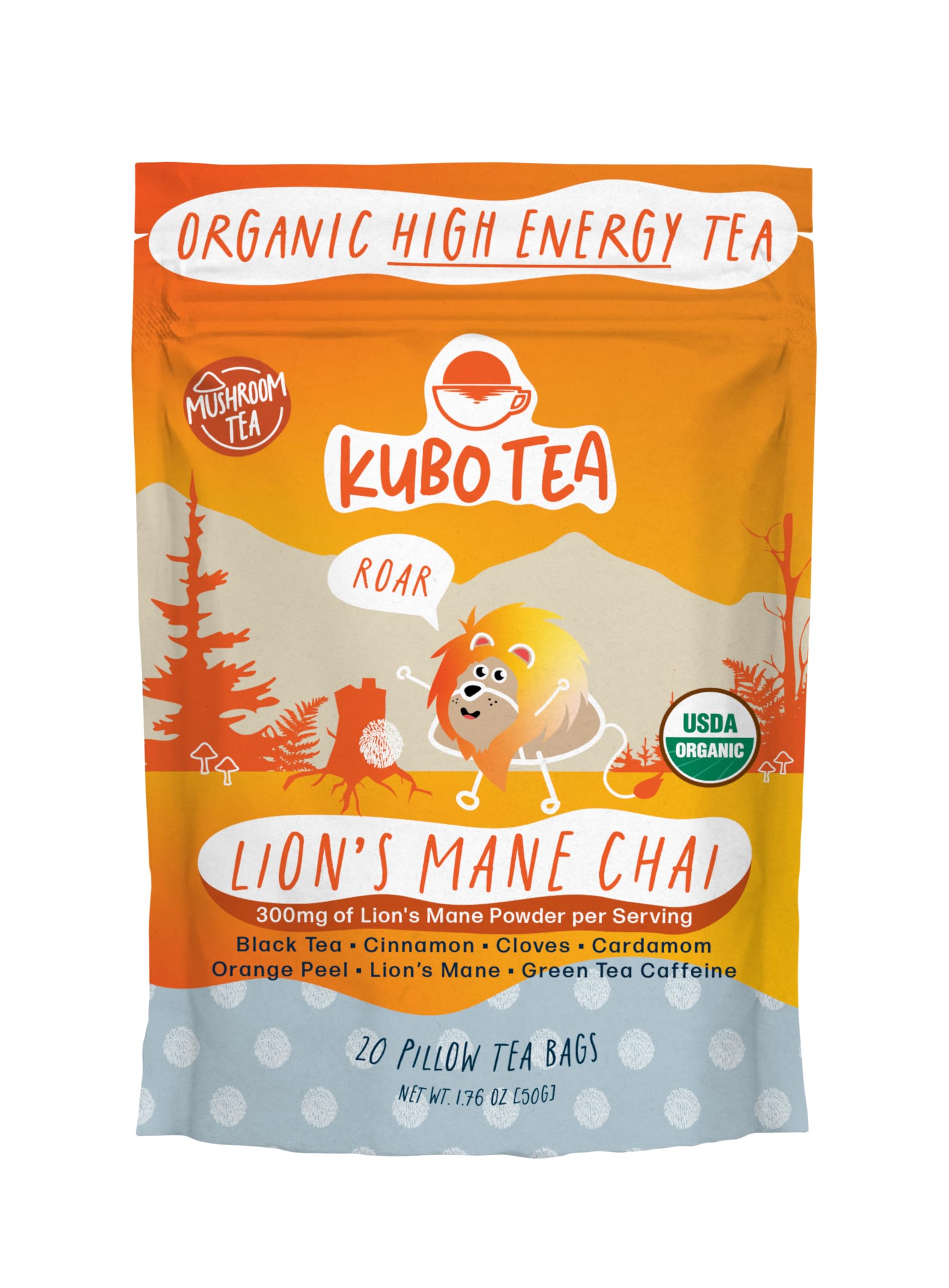Kubo Tea High Caffeine Mushroom Tea Bags – Organic Lion’s Mane Chai, 20 Ct, Compostable Packaging