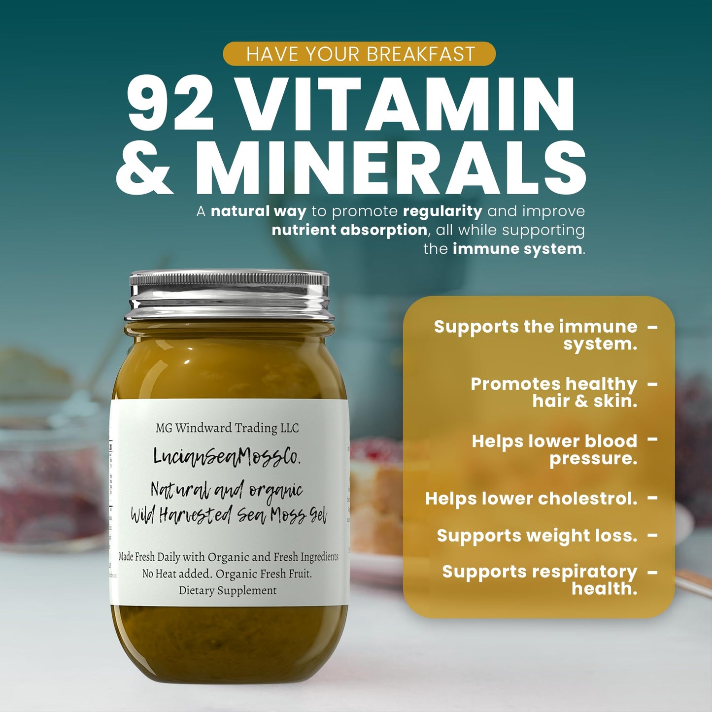 MG Windward Trading LLC Lions Mane Sea Moss Gel Organic 16 oz - Immune & Digestive Support, Wild Harvested Irish Sea Moss