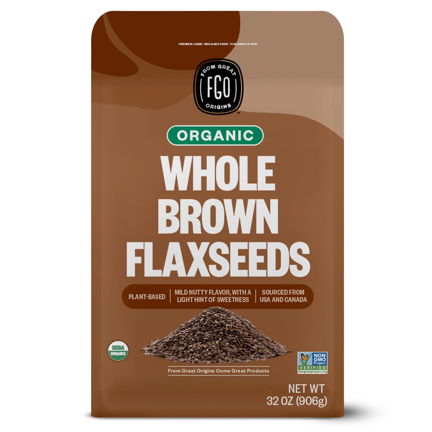 FGO Organic Whole Brown Flax Seeds, Sproutable, 32 oz Resealable Bag, Grown in USA, Non-GMO