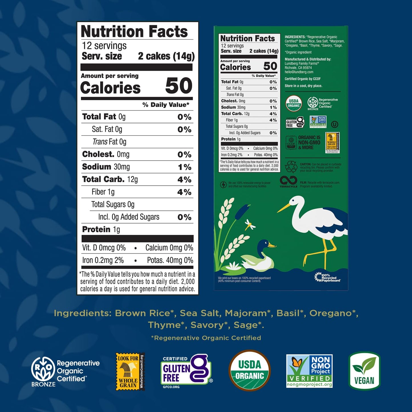 Lundberg Thin Brown Rice Cakes, Basil & Thyme, 6-Pack - Regenerative Organic Certified, Healthy Snacks, Vegan, 6 Oz Ea