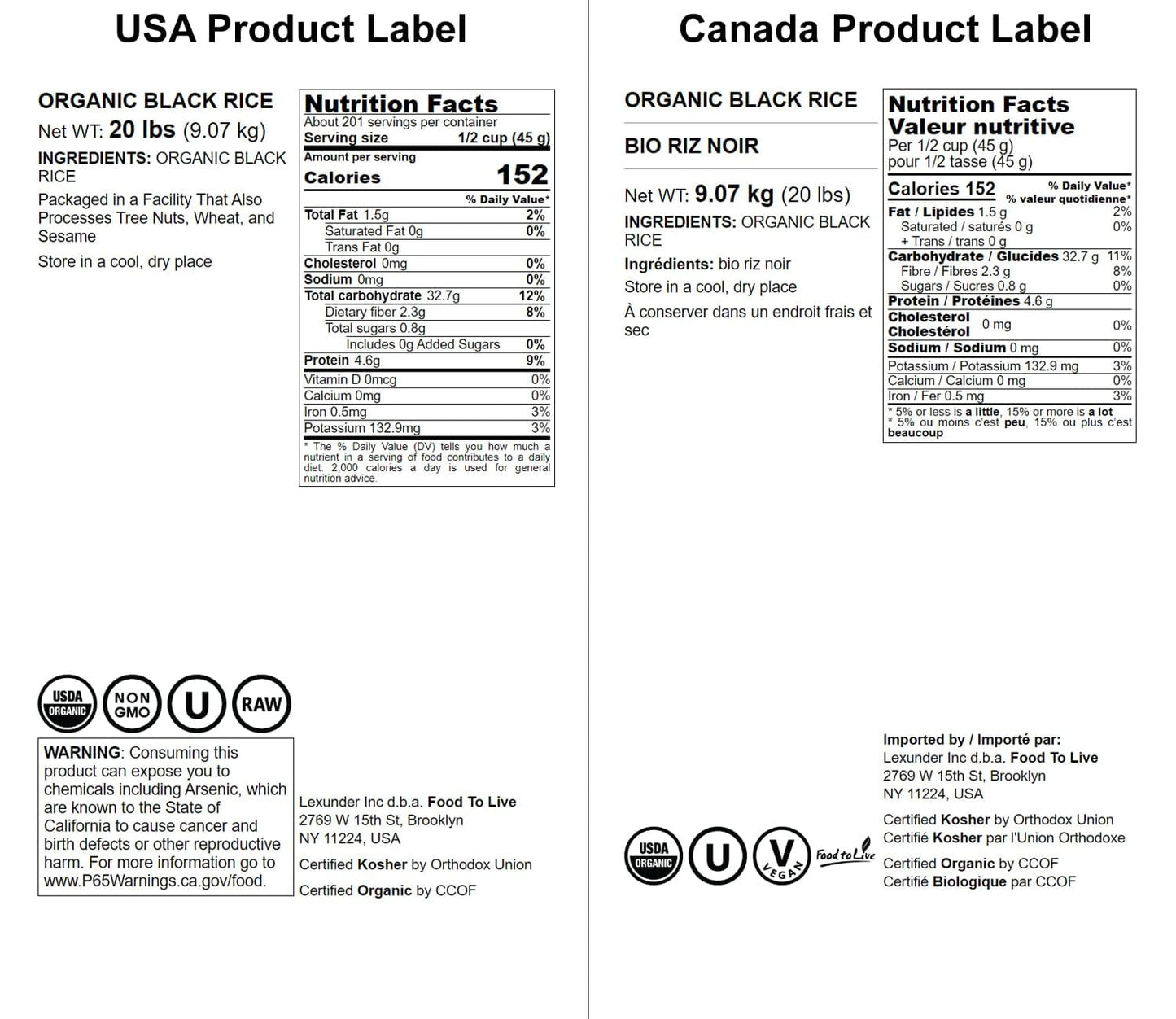 Food to Live Organic Black Rice, Whole Grain Non-GMO, 20 Pound, Rich in Antioxidants, Vegan, Kosher