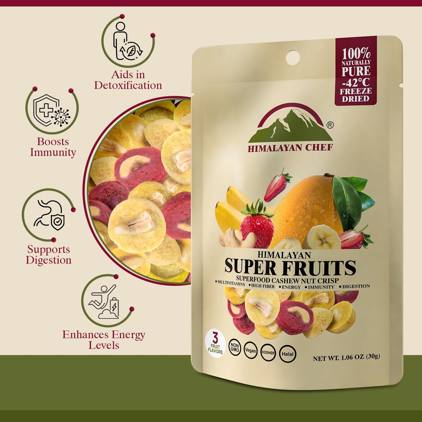 Himalayan Chef Super Reds Freeze-Dried Fruit Cashew Nut Crisps, 30G | Mix Superfood Fruits | Healthy Snacks Packed With Multivit