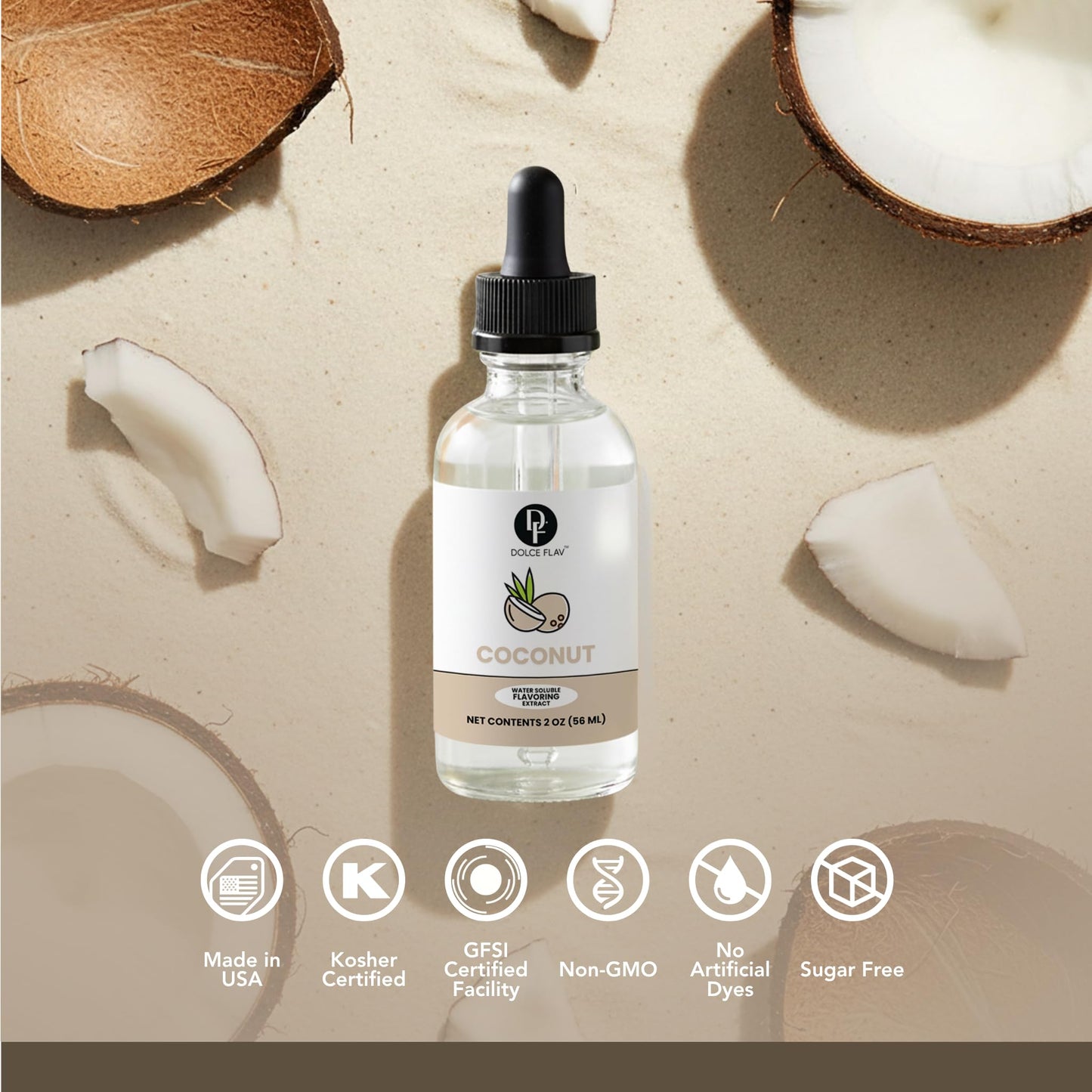 Dolce Flav Natural Coconut Extract – 2 Ounce Water-Soluble Kosher, Sugar-Free, Concentrated Tropical Coconut Flavoring For Baking, Beverages & Desserts, Includes Measured Dropper