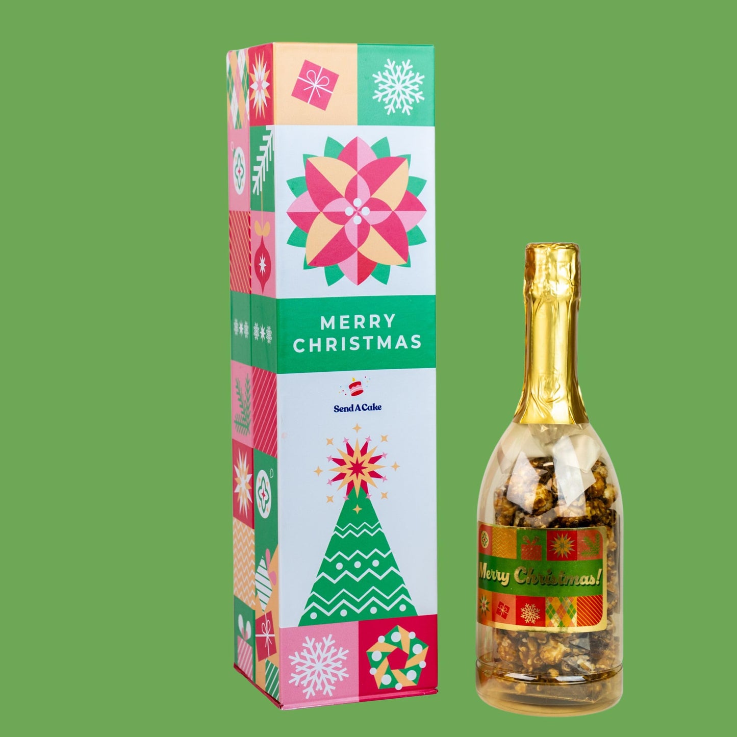 Merry Christmas Bubble Box With Holiday Caramel Corn By Send A Cake, Ready To Gift, No Assembly Required - Christmas Surprise - Unique Gift For Women, Men, Mature-Themed, Kids