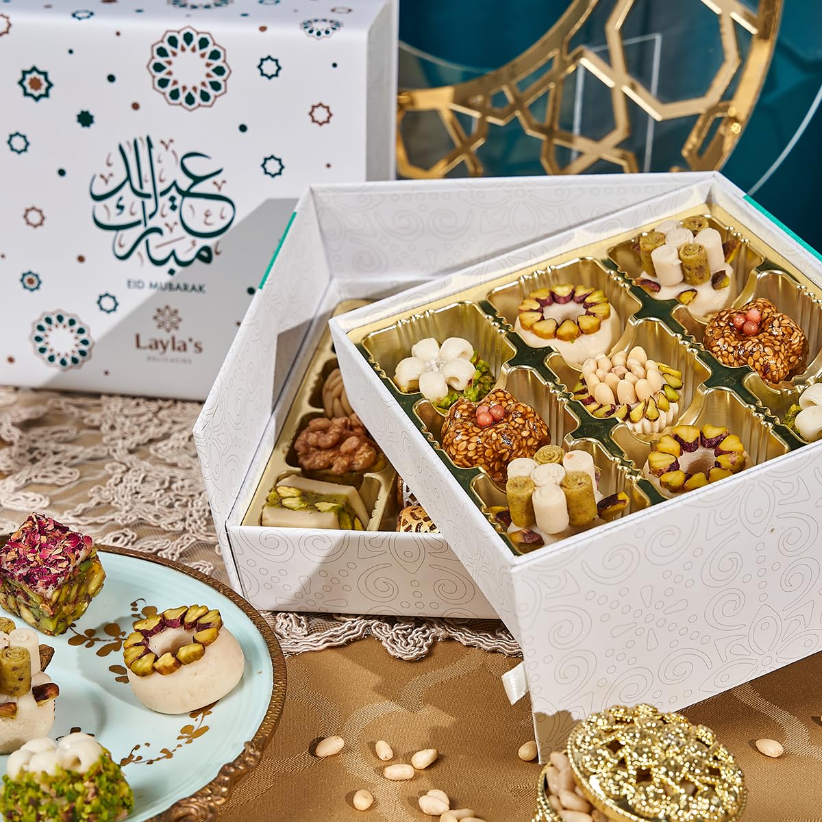 Laylas DELICACIES Mediterranean   Gift Box - 23 Bite-Size Halal, Vegetarian, Gluten Free Pastries - Eid Gift Box