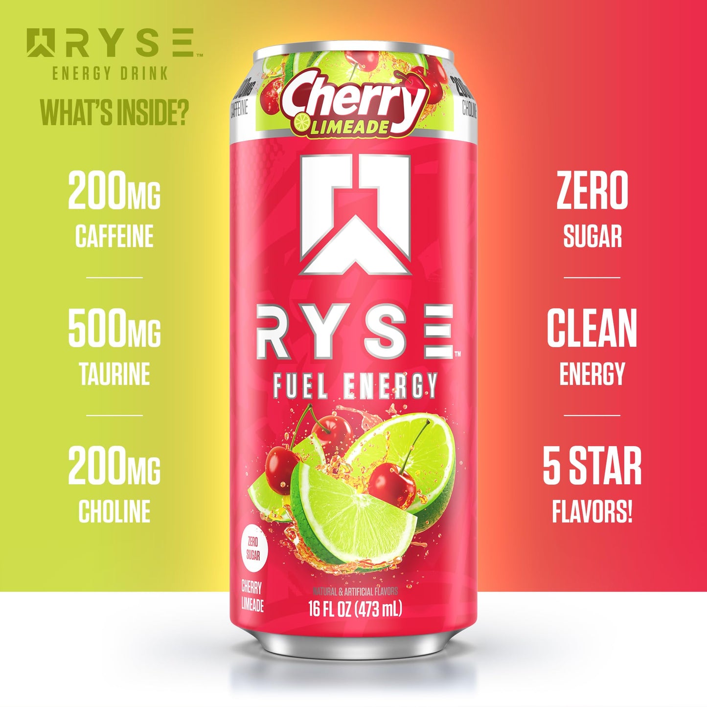 RYSE Fuel Energy Drink - Cherry Limeade - Sugar Free, Vegan - 200mg Caffeine - 16 fl oz Cans (12-Pack)