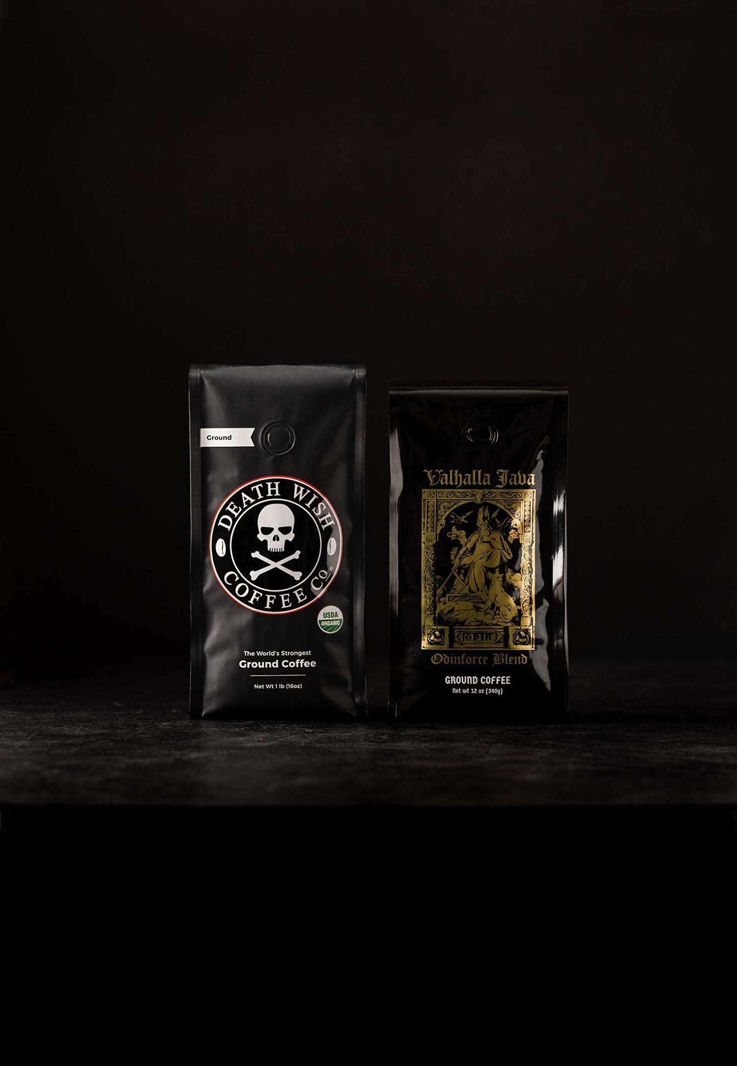 Death Wish Coffee Dark Roast & Valhalla Java Ground Coffee Bundle, 28 Oz Total, Extra Caffeine, Arabica & Robusta Beans