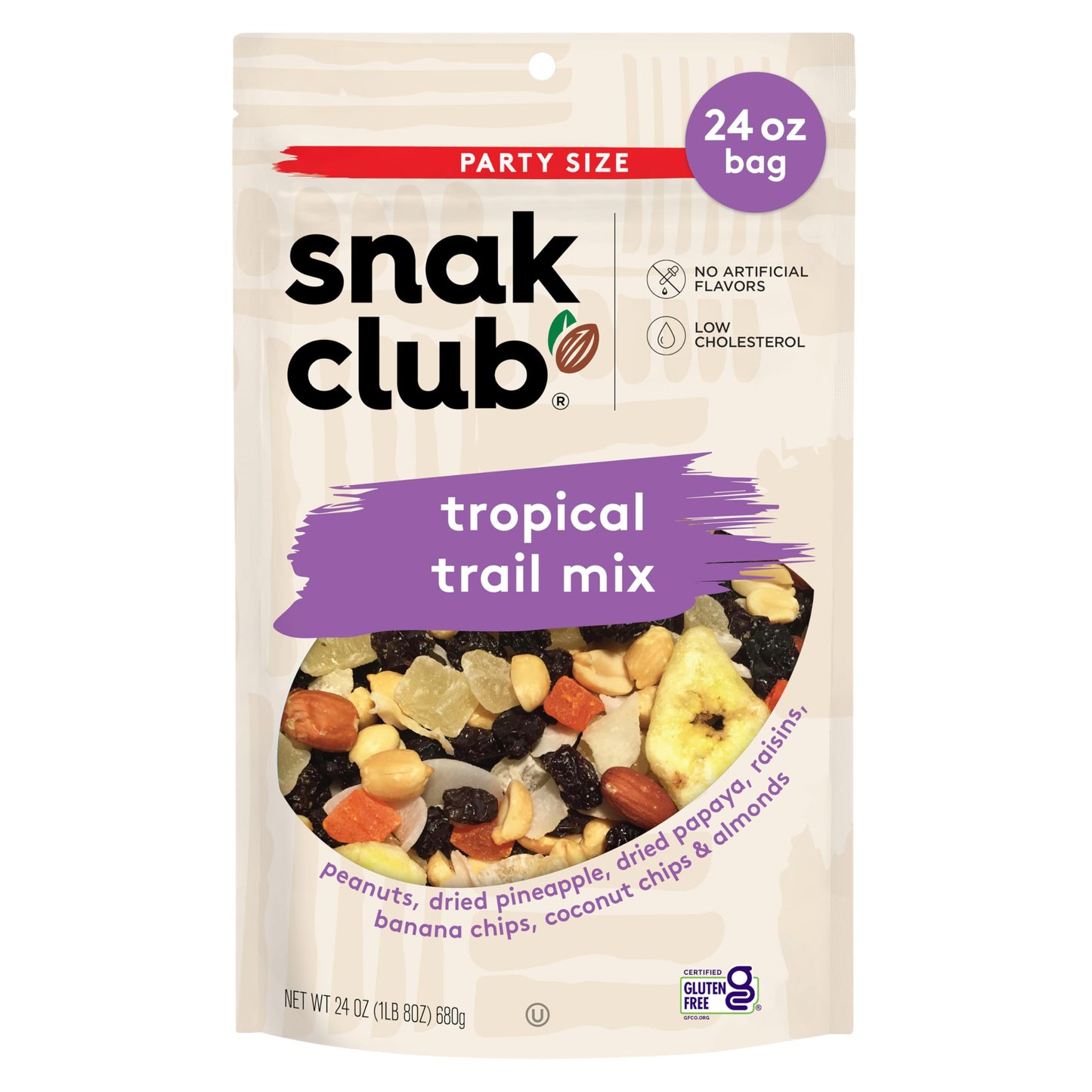 Snak Club Tropical Trail Mix with Peanuts  Dried Papaya  Raisins  Banana Chips  Dried Pineapple  Coconut Chips  and Almonds  Gluten-Free and Kosher Snack  24 oz Resealable Bag