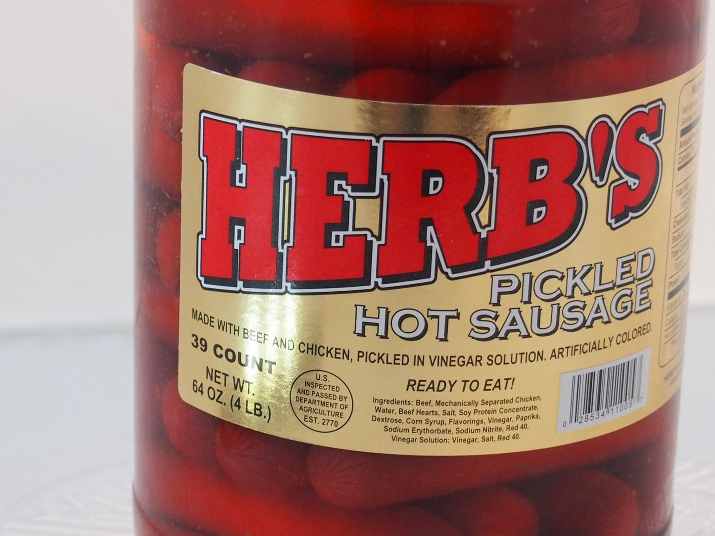 Herbs Red Hot Pickled Sausage (1 Gal. Jar) 39 Count Beef & Chicken No Pork ( From Jersey Candy Company)