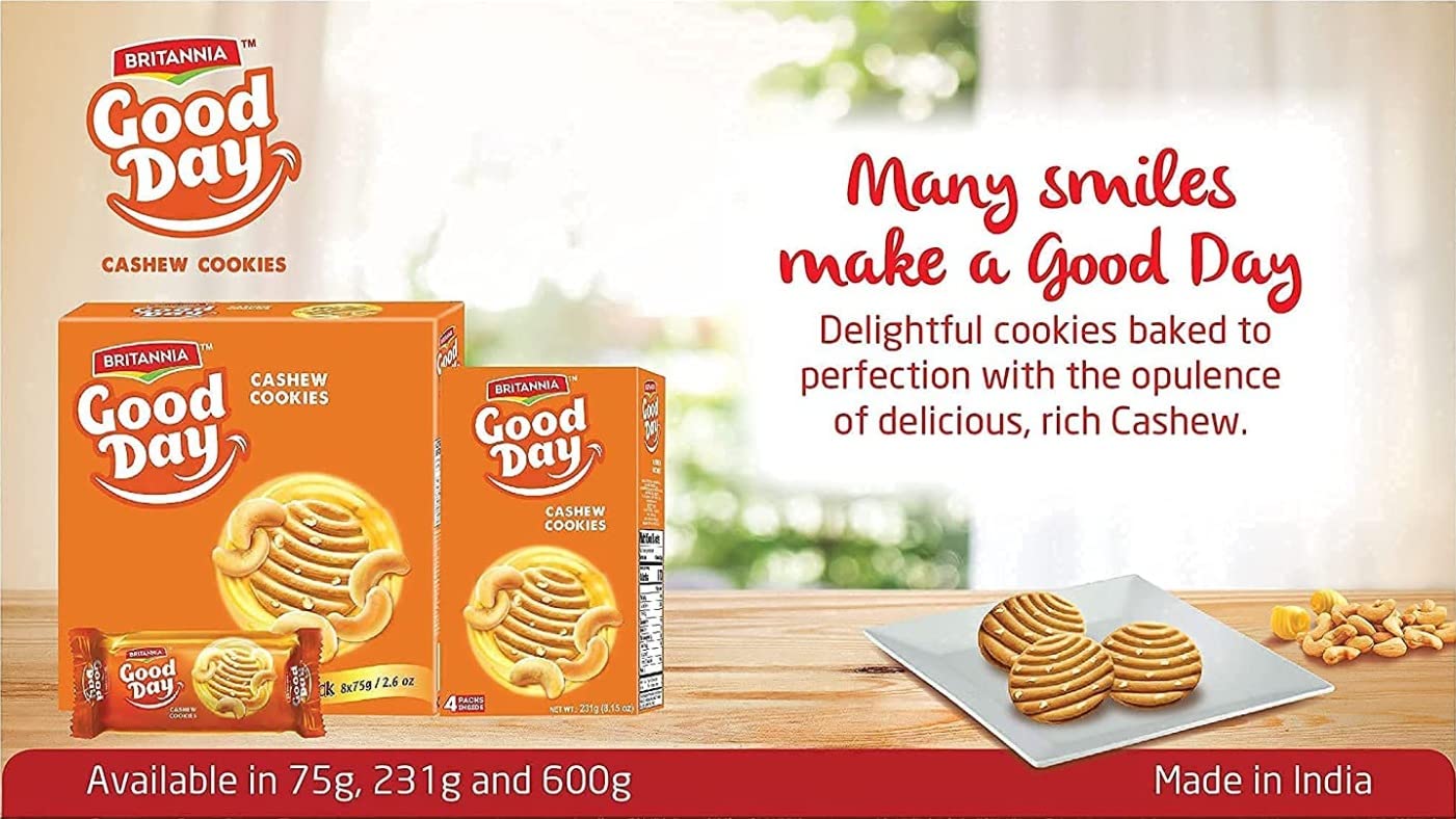 Britannia Good Day Cashew Cookies Family Pack 8.15Oz (231G) - Breakfast & Tea Time Snacks - Delicious Grocery Cookies (Pack Of 2