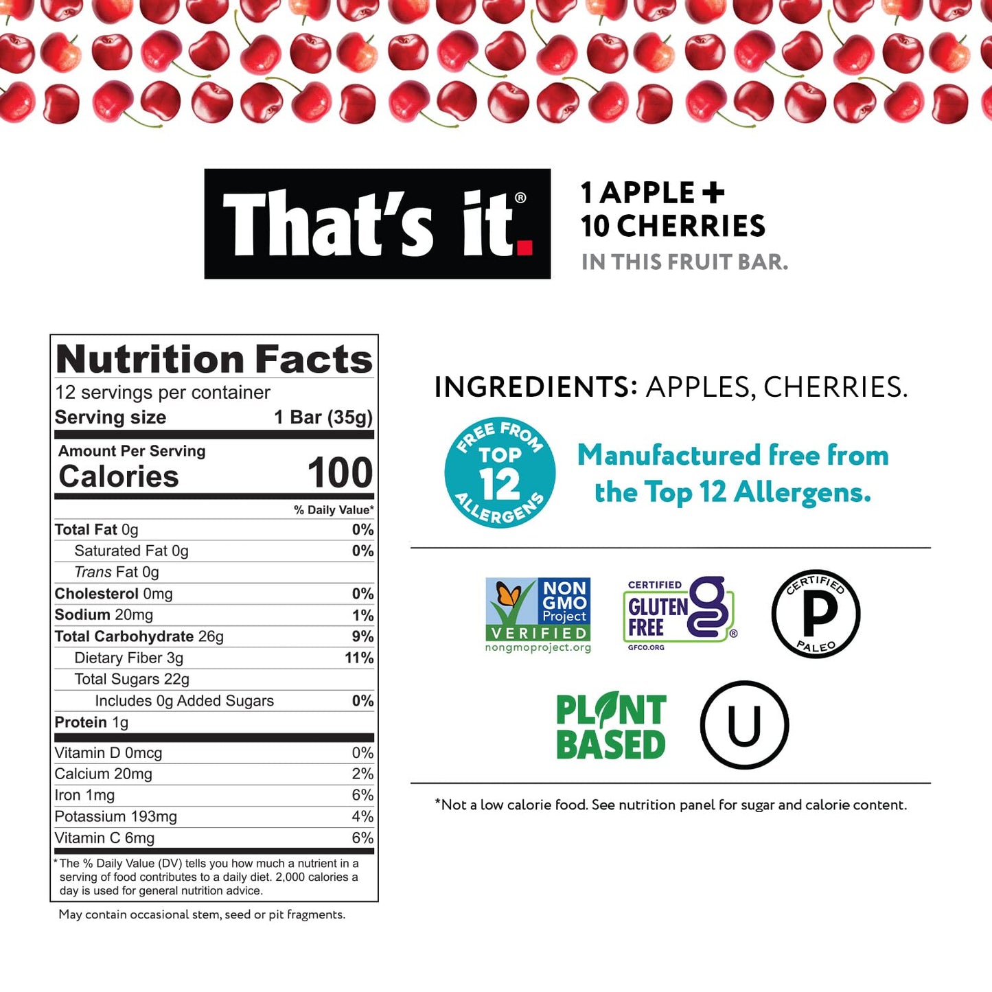 Thats it. Apple + Cherry 100% Natural Real Fruit Bar, Best High Fiber Vegan, Gluten Free Healthy Snack, Paleo for Children & Ad