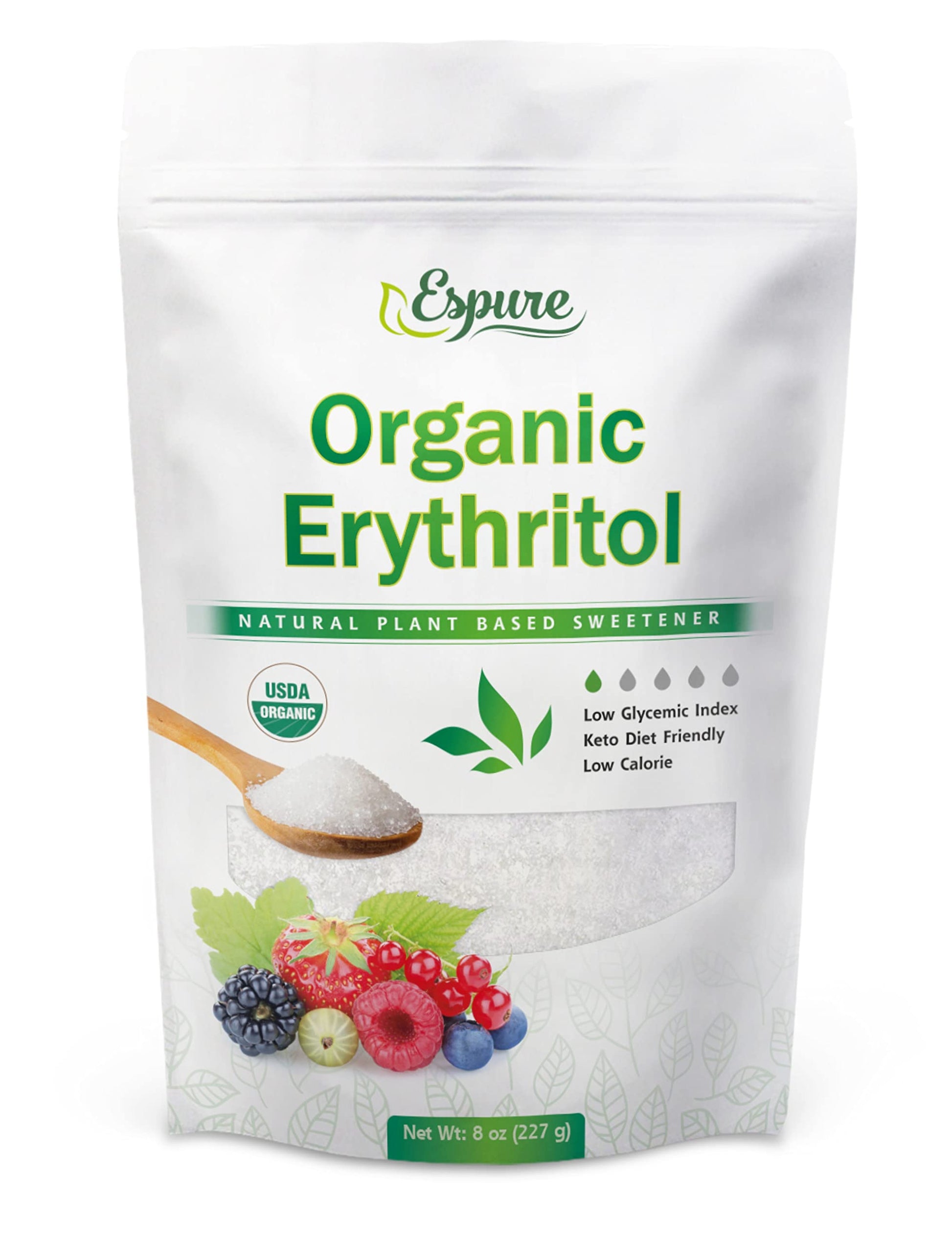 Espure Organic Erythritol - Usda Certified & 100% Pure - Zero Calorie Sugar Substitute, Plant Based Sweetener; 8Oz
