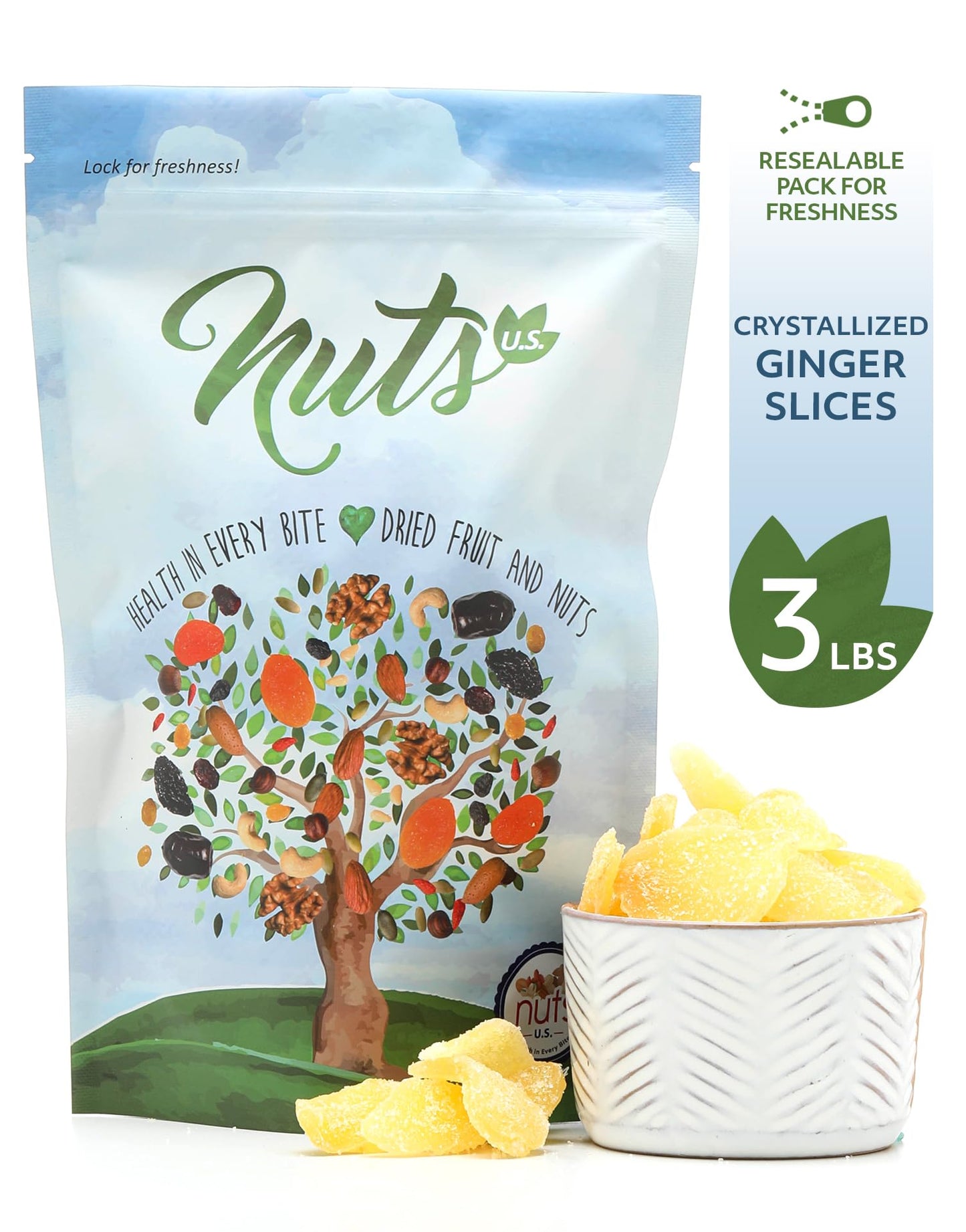 NUTS U.S. Dried Crystallized Ginger Slices, Resealable Bag, 3 LB