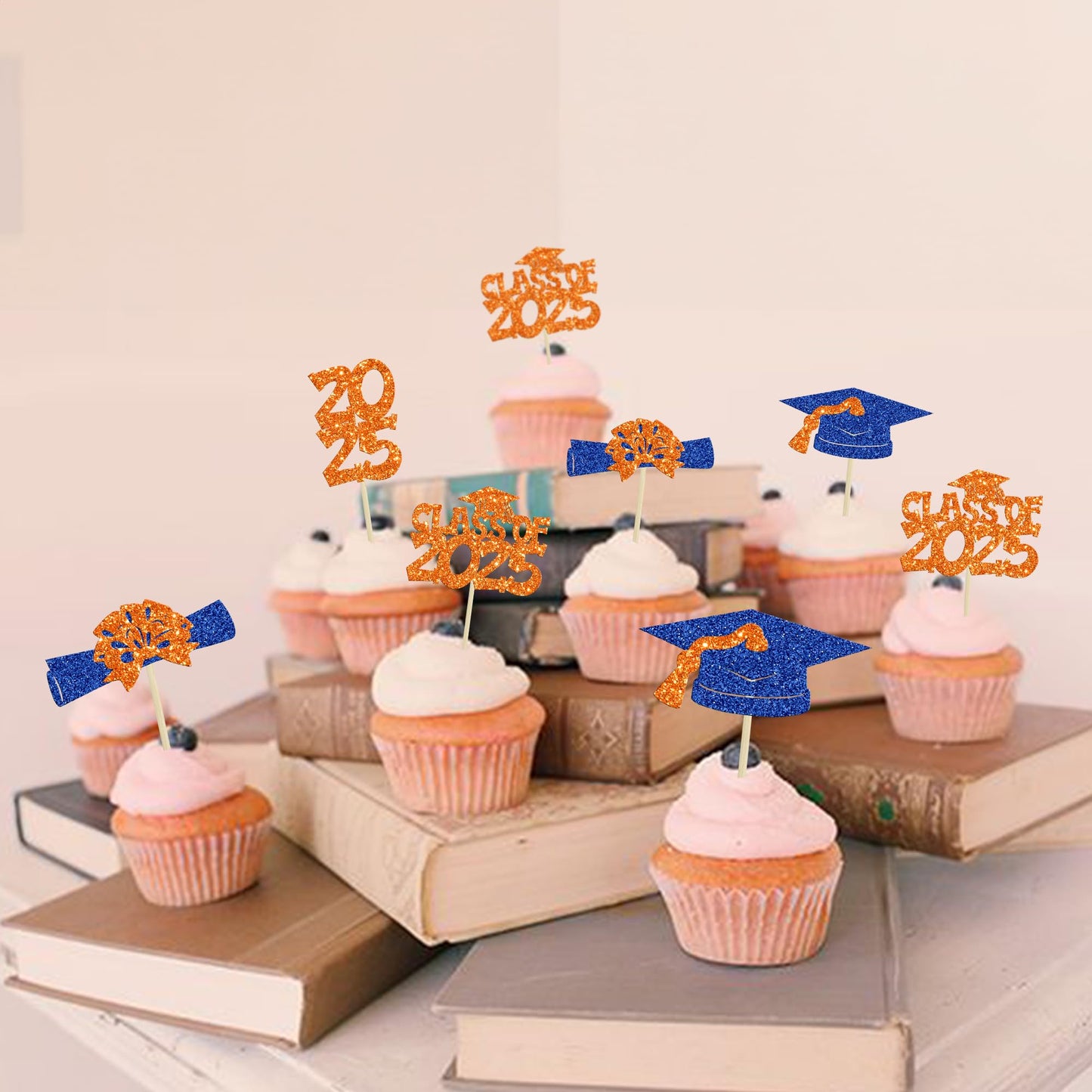 Ephlyn Graduation Cupcake Toppers 36Pcs Glitter Class of 2025 Orange Blue Paper Decorations