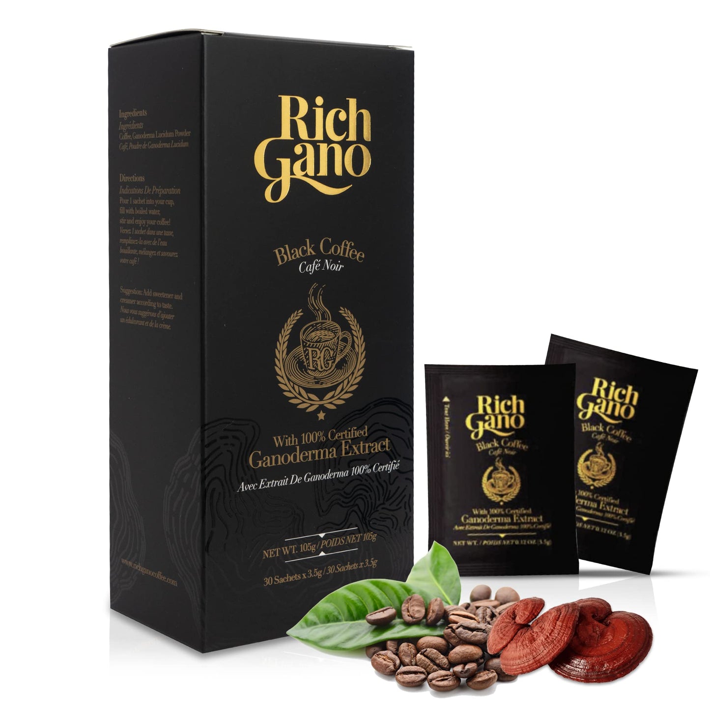 Rich Gano Reishi Mushroom Coffee – Instant Black Coffee with Ganoderma Extract – 30 Sachets – Vegan Friendly – Immune Support