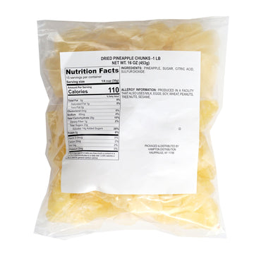Hampton Distribution Dried Pineapple Chunks, 1 Pound Bag, Sweet Snack