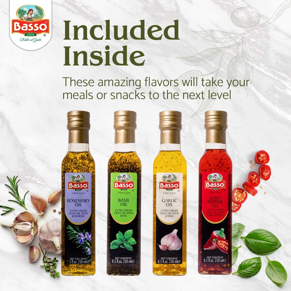 BASSO 1904 - Infused Extra Virgin Olive Oil Gift Box Set, First Cold Pressed, Variety Pack, 4 bottles x 8.5 fl.oz (250ml), Natur