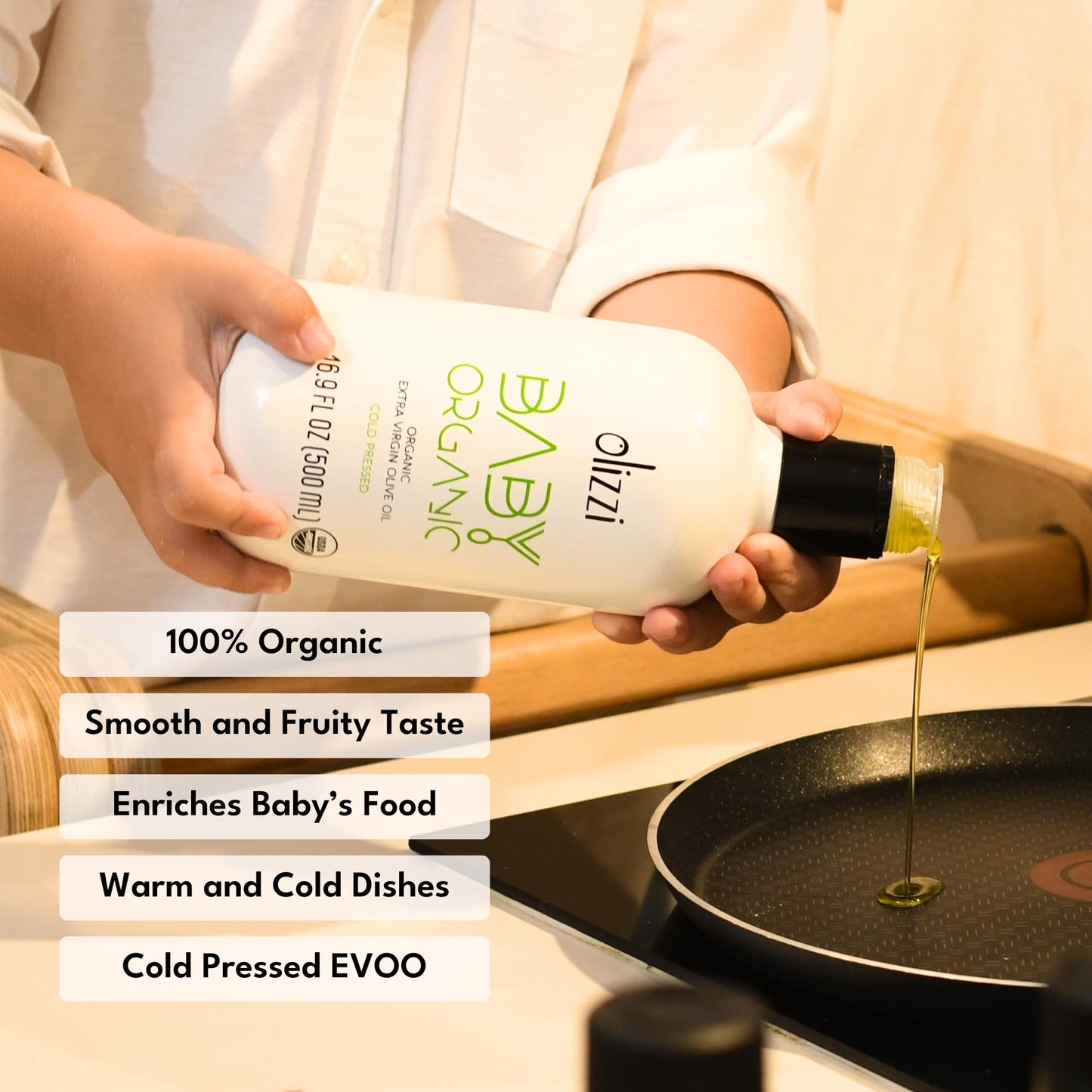 Olizzi Organic Extra Virgin Olive Oil for Baby Food, Cold Pressed, USDA Organic, 16.9 FL OZ (500 ML)