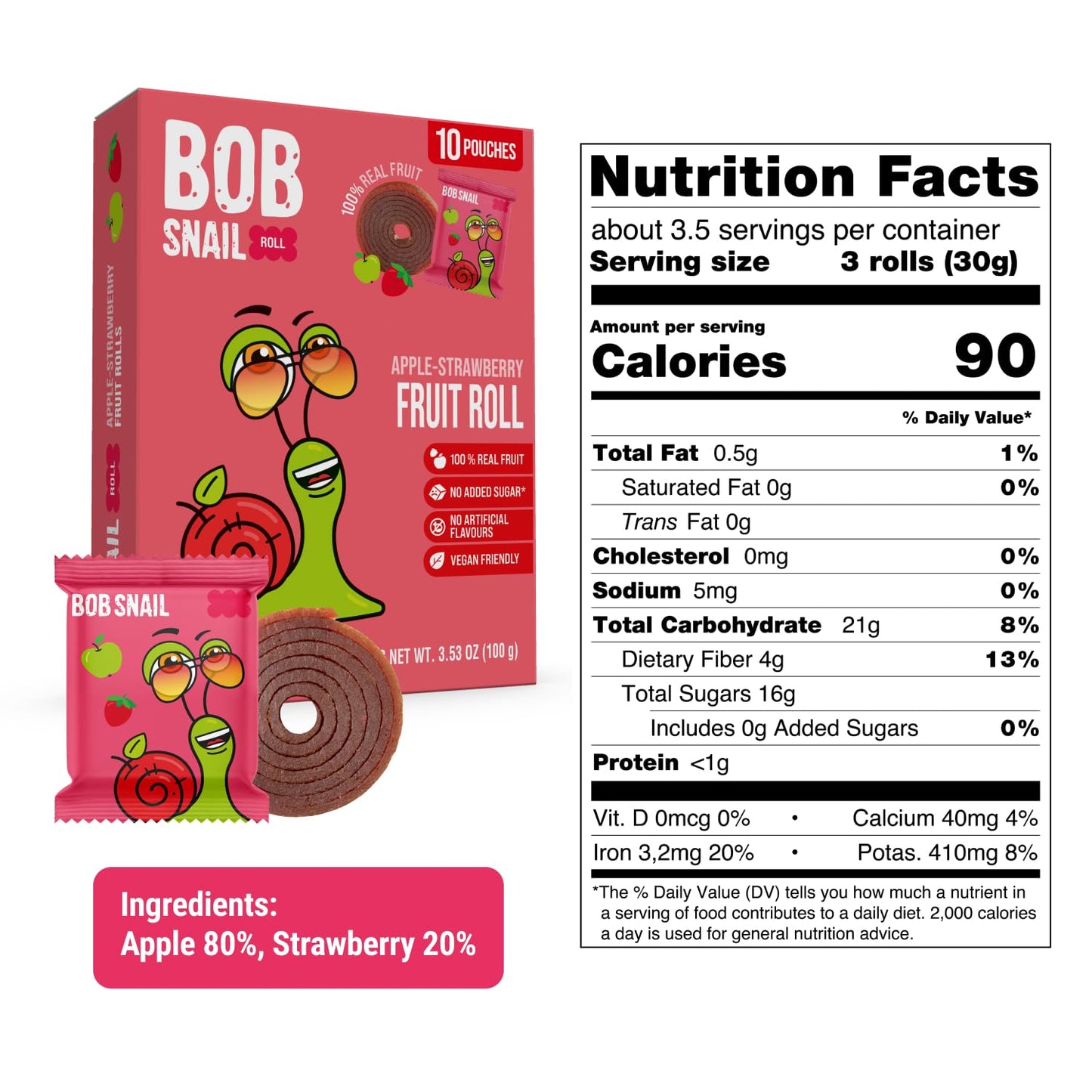 Bob Snail Fruit Roll Ups - Healthy Sweets Snacks, Real Dried Fruits, No Added Sugar, Vegan, Nut Free, Candy for Adults, Kids, wi