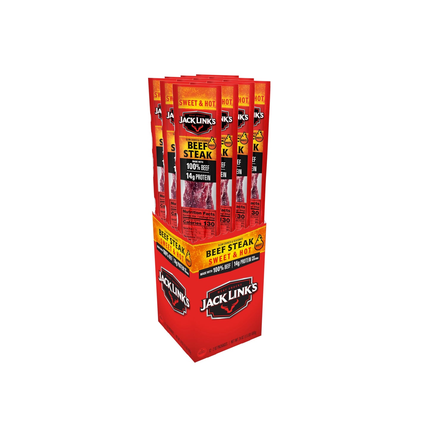 Jack Links Beef Steak Snacks, Sweet & Hot, 14g Protein, 2 Oz. (Pack of 12), Individually Wrapped Bulk Snack