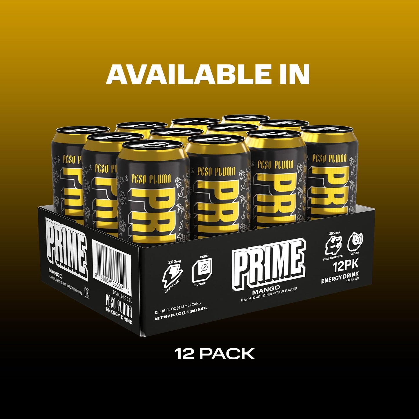 PRIME Energy PESO PLUMA  Zero Sugar Energy Drink  200mg Caffeine and 355mg of Electrolytes for Hydration  Vegan  Gluten Free 16 Fluid Ounce  12 Pack