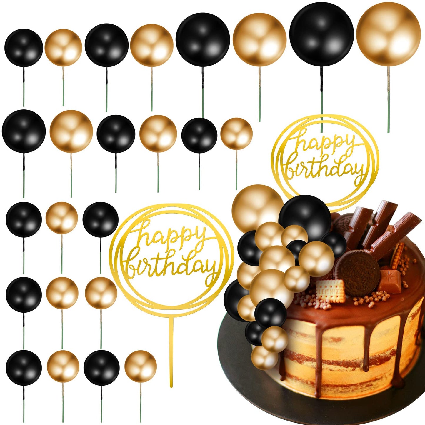 Boao Mini Colorful Balls Cake Topper Set, 25 Pcs Acrylic and Foam, Black and Gold, DIY Cupcake Insert for Weddings and Birthdays