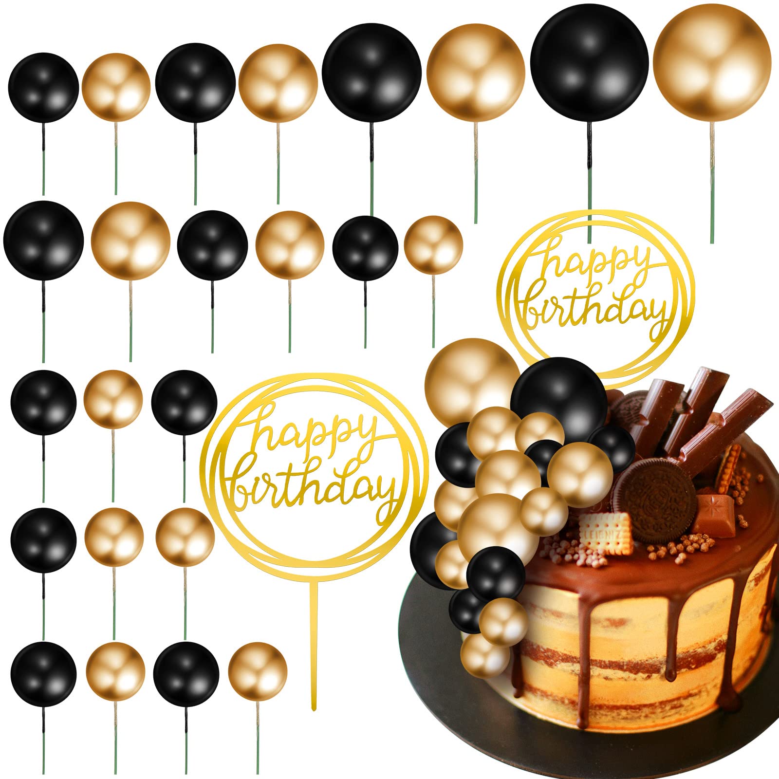 Boao Mini Colorful Balls Cake Topper Set, 25 Pcs Acrylic and Foam, Black and Gold, DIY Cupcake Insert for Weddings and Birthdays