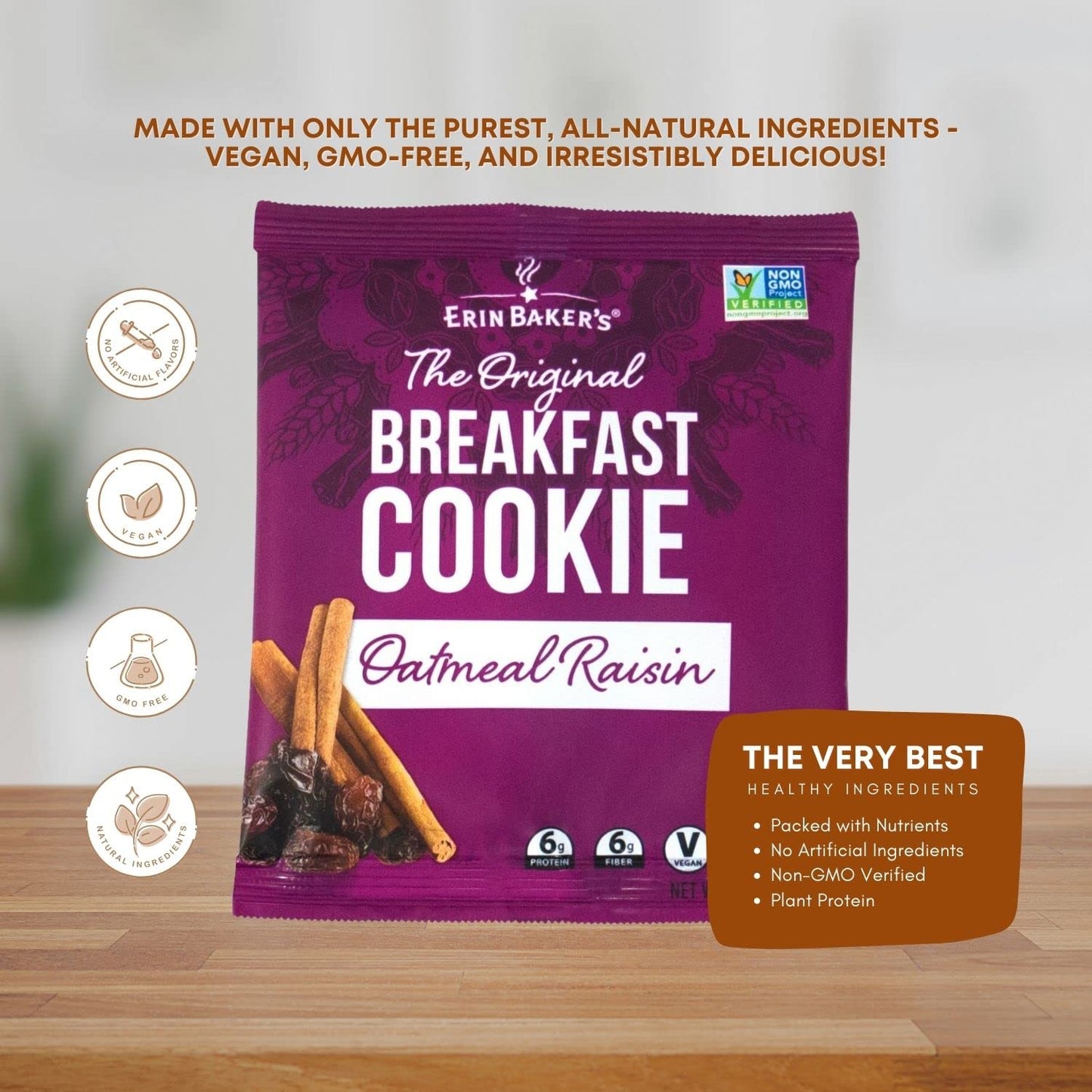 Erin Baker's Breakfast Cookies - Oatmeal Raisin, Healthy Snack, Whole Grain, Non-GMO - 3-ounce, 12-Pack - 90010
