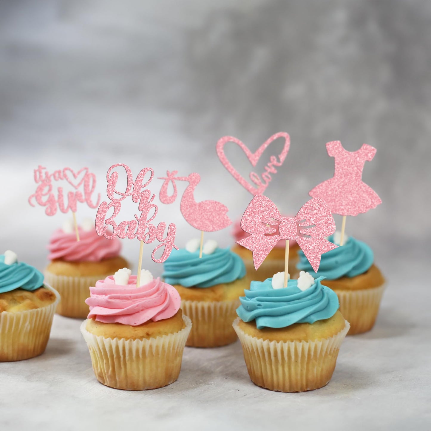 Gyufise 36 Pack Oh Baby Cupcake Toppers It'S A Girl Cupcake Toppers With Bow Dress Love Heart Pink Glitter Cake Picks Decoration