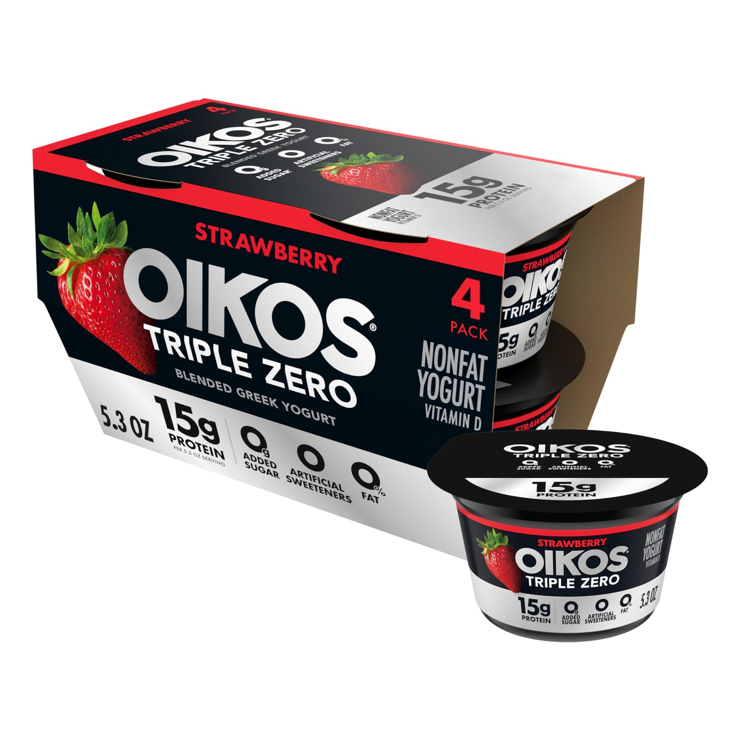Oikos Triple Zero Strawberry Nonfat Greek Yogurt Pack, 0% Fat, Sugar Free and 0 Artificial Sweeteners, Just Delicious High Prote