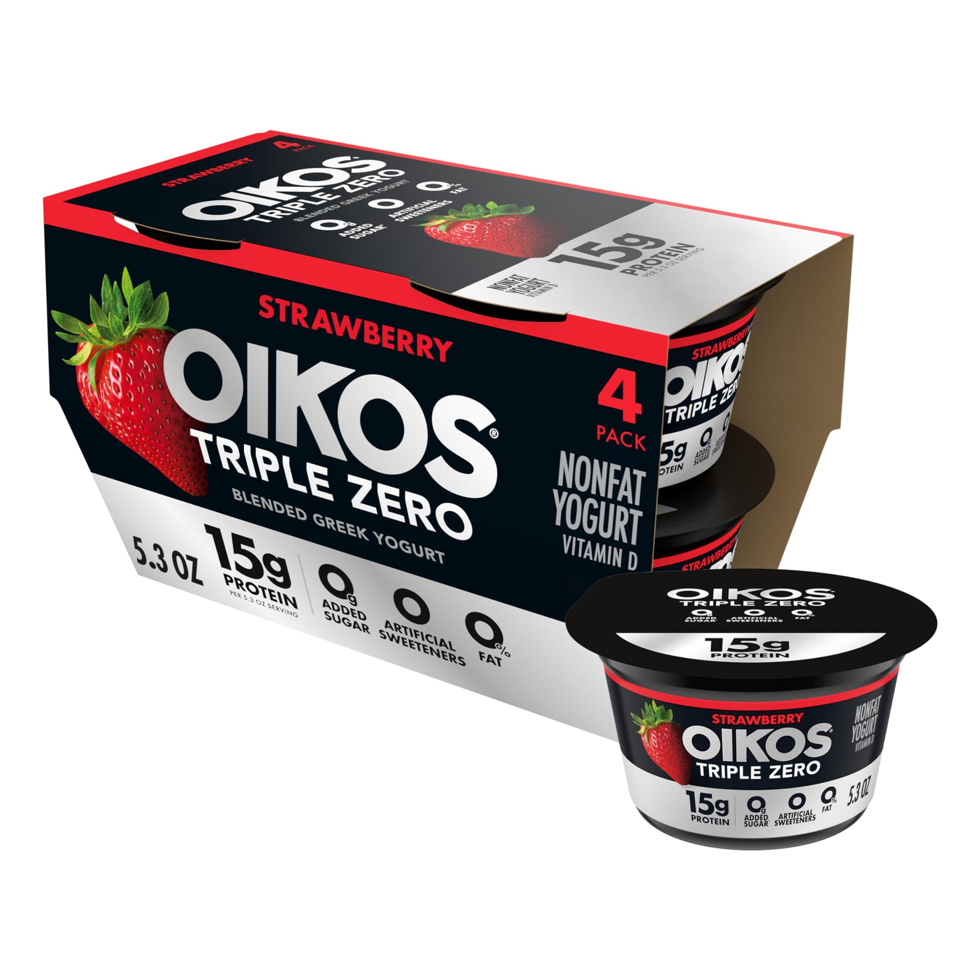 Oikos Triple Zero Strawberry Nonfat Greek Yogurt Pack, 0% Fat, Sugar Free and 0 Artificial Sweeteners, Just Delicious High Prote