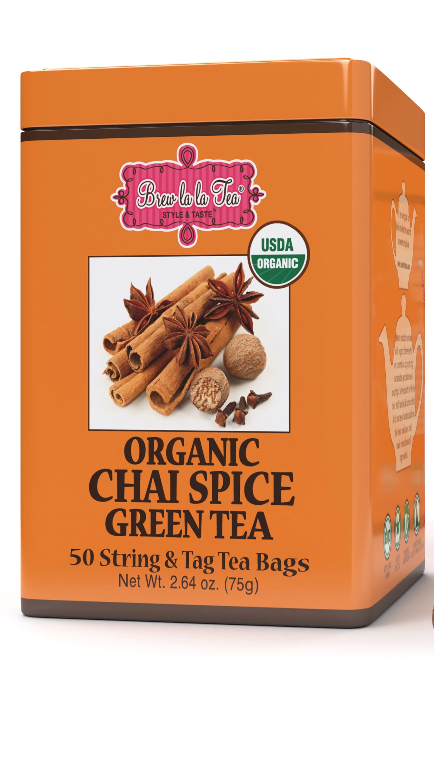 Brew La La Organic Green Tea - Chai Spice - 50 Tea Bags - Low Caffeine - USDA Certified Organic