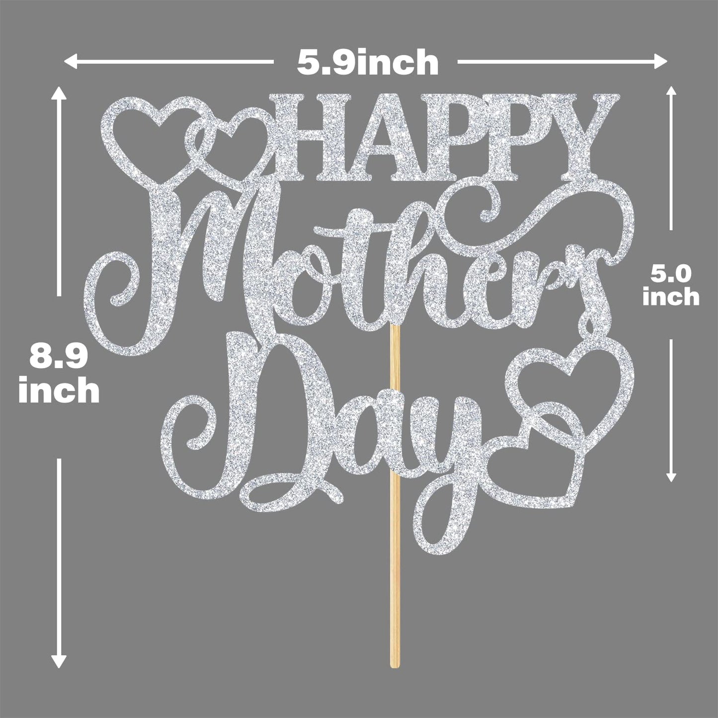 Hequoyer Happy Mothers Day Cake Topper, Silver Glitter, Best Mom Decoration, Model HM--1207