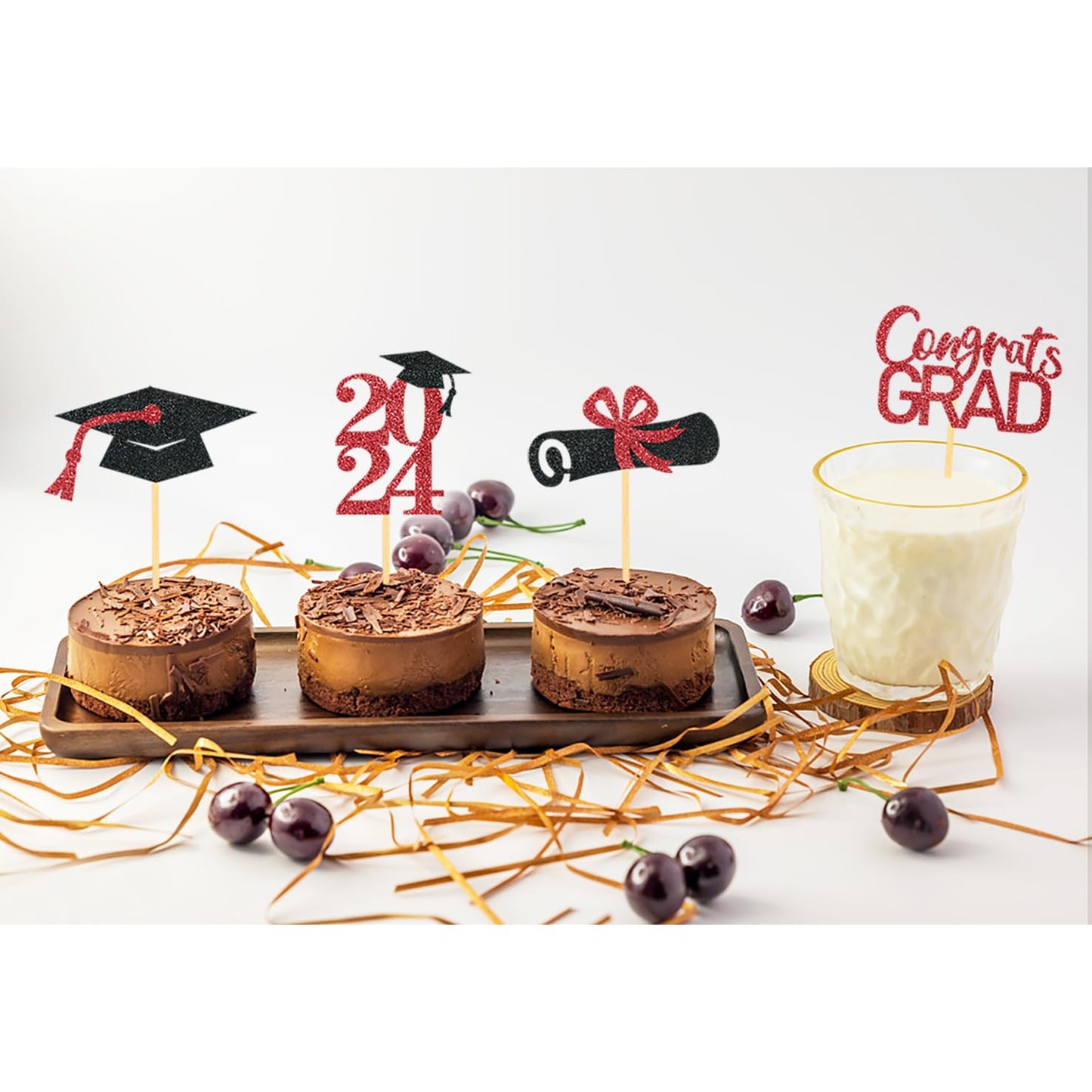 Moitkptt Graduation Cupcake Toppers, 24Pcs Red Cardboard Picks for Class of 2025 Decorations, Model FHDUT0002