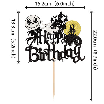 1 Pcs Halloween Happy Birthday Cake Topper Glitter Jack And Sally Castle Ghost Halloween Cake Pick For Nightmare Before Christma