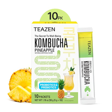 Teazen Pineapple Kombucha Tea, Hydration Drink Mix, Sugar Free, Live Probiotics & Prebiotics, 10 Sticks, 1.76Oz