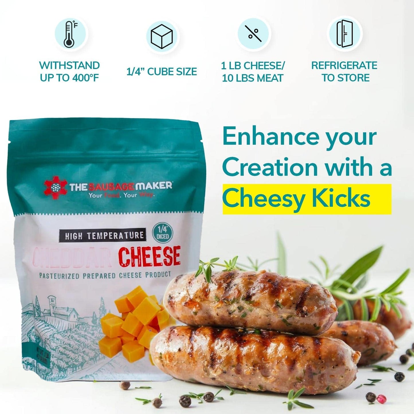 The Sausage Maker High Temp Cheddar Cheese 2 Lbs Diced Cube for Sausage Making, Grilling, and Snack Sticks