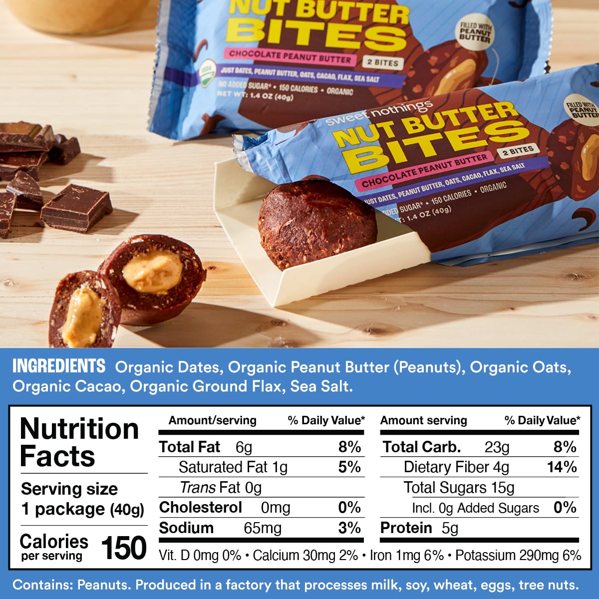 Sweet Nothings, Chocolate, Usda Organic Nut Butter Bites Protein Bar, Nut & Date Snack, Filled With Peanut Butter, 12-2 Bite Val