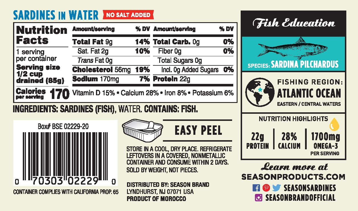 Season Sardines In Water - No Salt Added, Wild Caught, 22G Of Protein, Keto Snacks, More Omega 3'S Than Tuna, Kosher, High In Calcium, Canned Sardines - 4.37 Oz Tins, 6-Pack