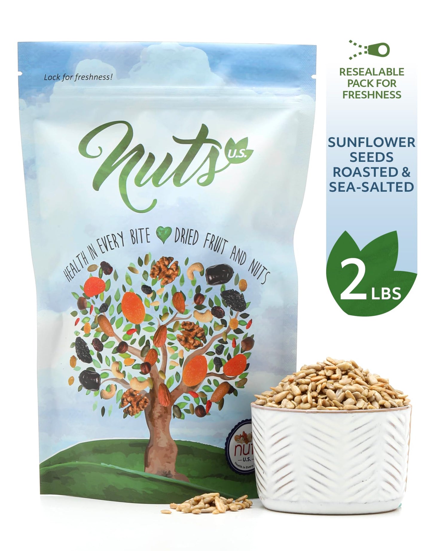 NUTS U.S. Sunflower Seeds, Roasted & Sea-Salted, No Added Colors, 2 LB Resealable Bag