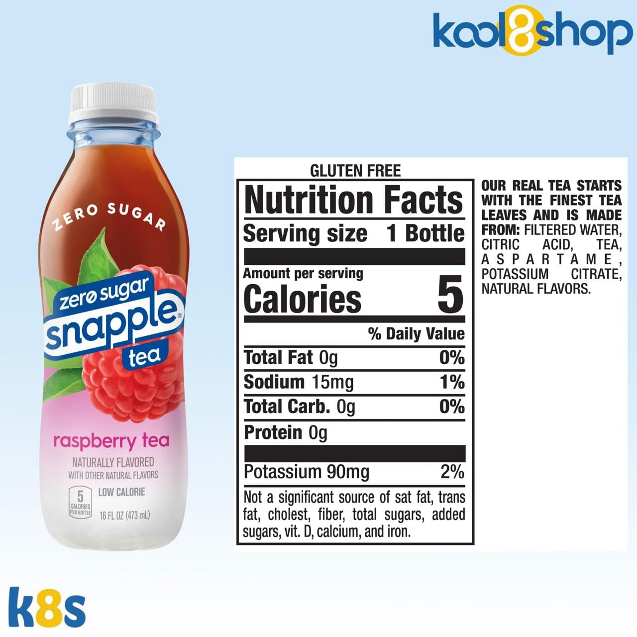 Snapple Zero Sugar Raspberry All Natural Tea 16 Fl Oz Plastic Bottles 16 Pack + 15 Sugarcane Disposable Straws By Kool8Shop Infi